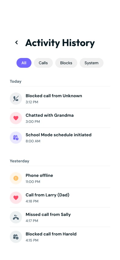 Smalltalk parent app activity history screen