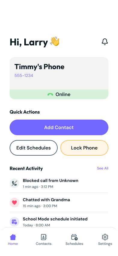 Smalltalk parent app home screen showing the phone status and quick actions