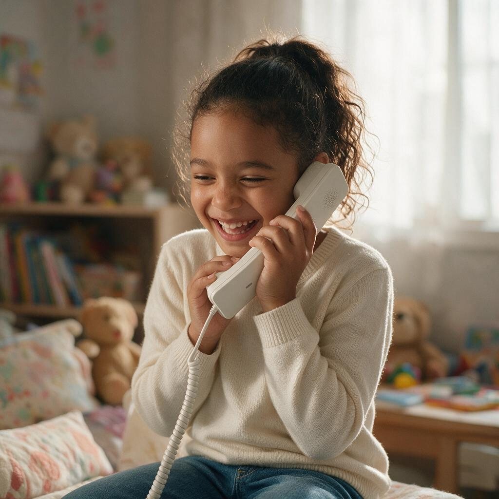 A child laughing with their eyes closed while talking on their Smalltalk phone