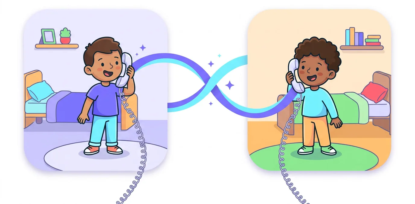 Two children in different homes, each talking on their own smalltalk phone, joined by a ribbon showing the two phones are connected on the same private network.