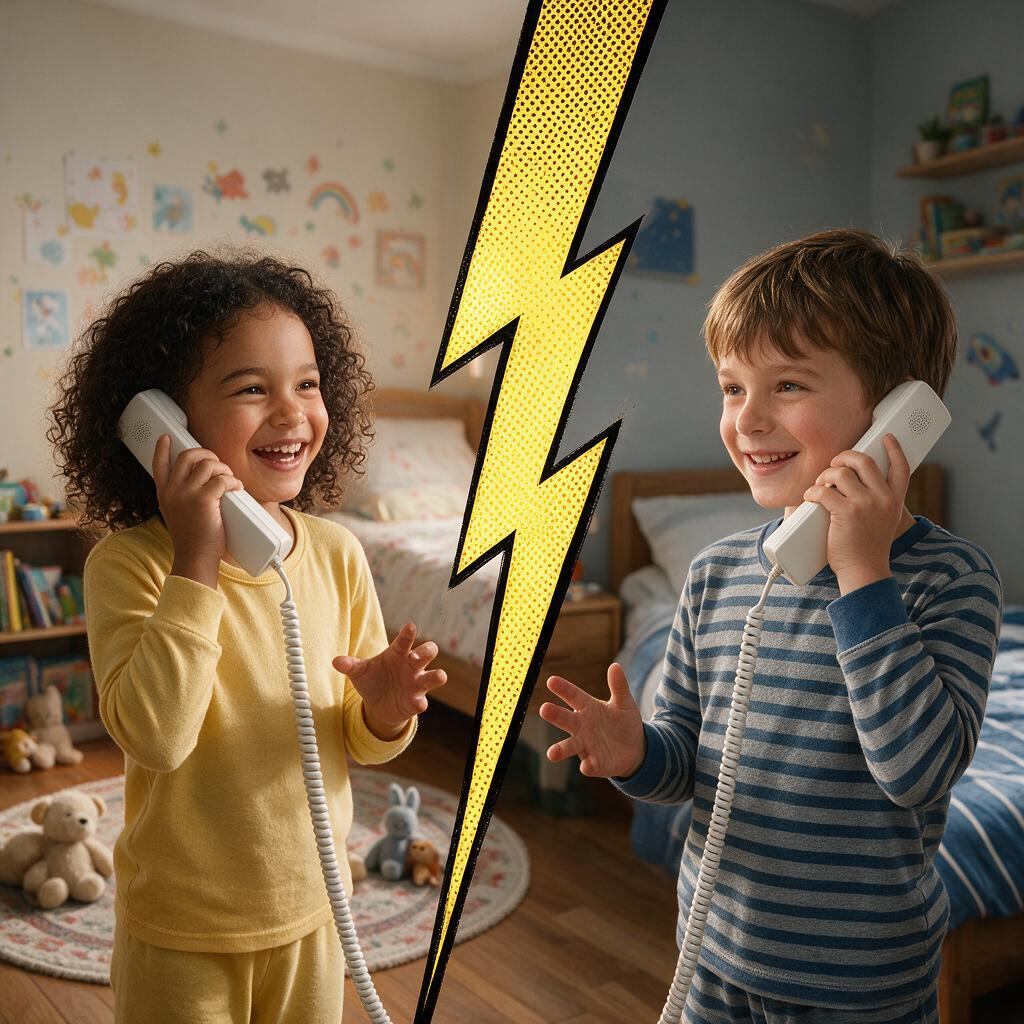 Two children in different rooms, each on their Smalltalk phone, connected on the same private network
